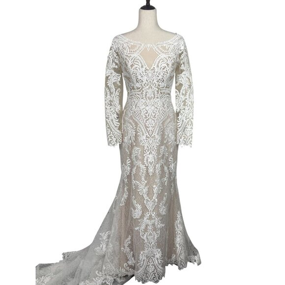 MAGGIE SOTTERO Cheyenne Wedding Dress Lace Illusion Sleeve Nude Blush Sz 12 NWT